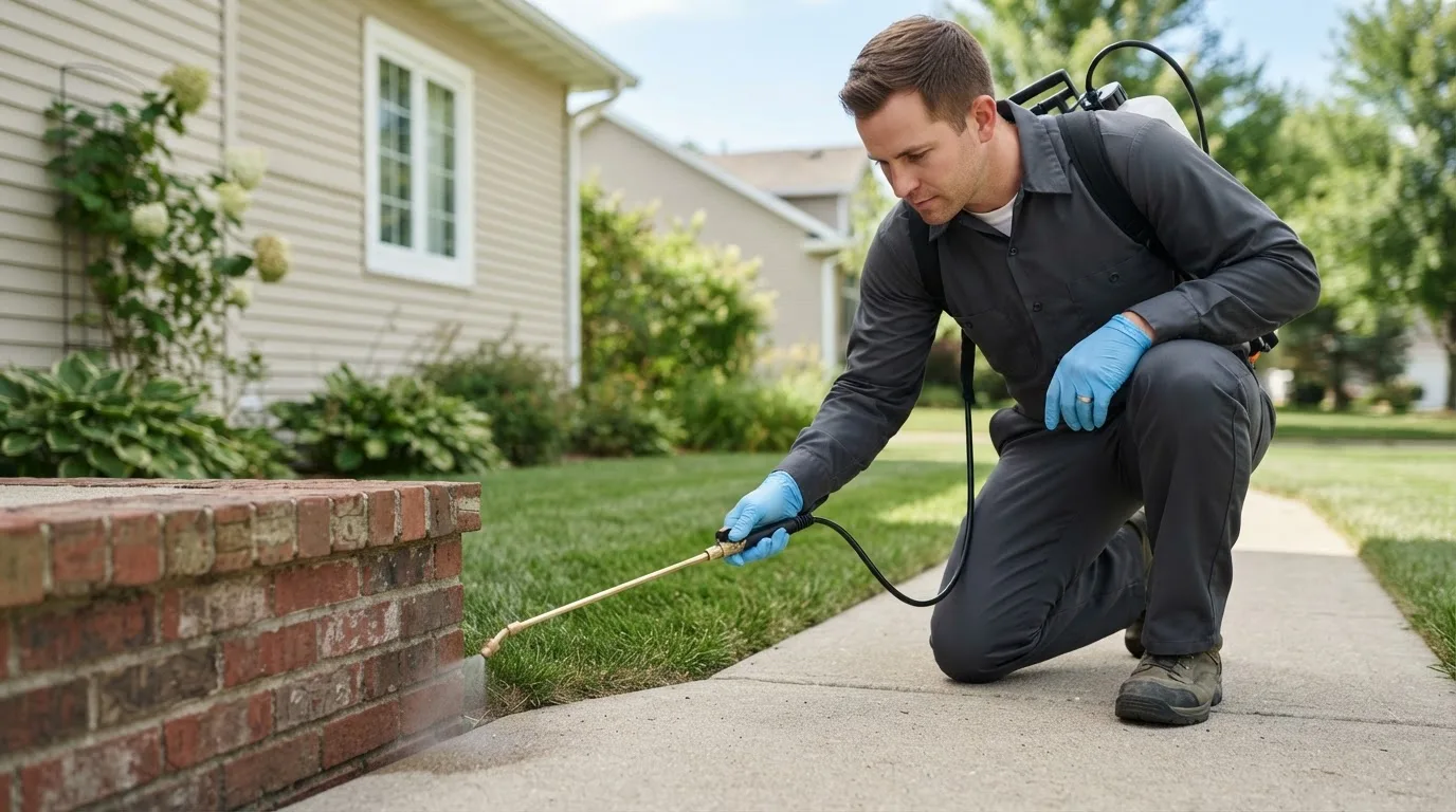 Pest control technician treating a home near Gibson City, IL